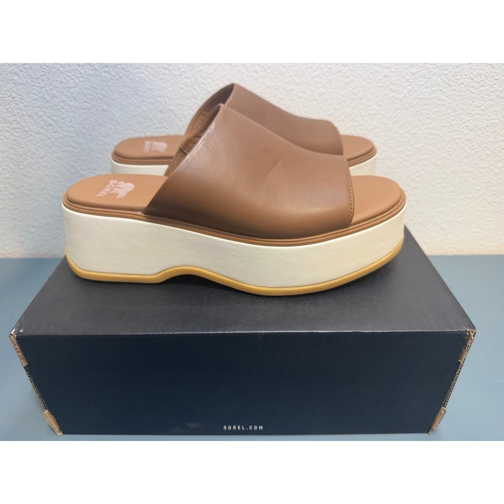 Sorel Dayspring Slide Sandal Velvet Tan Chalk Leather Platform Mules Womens 8